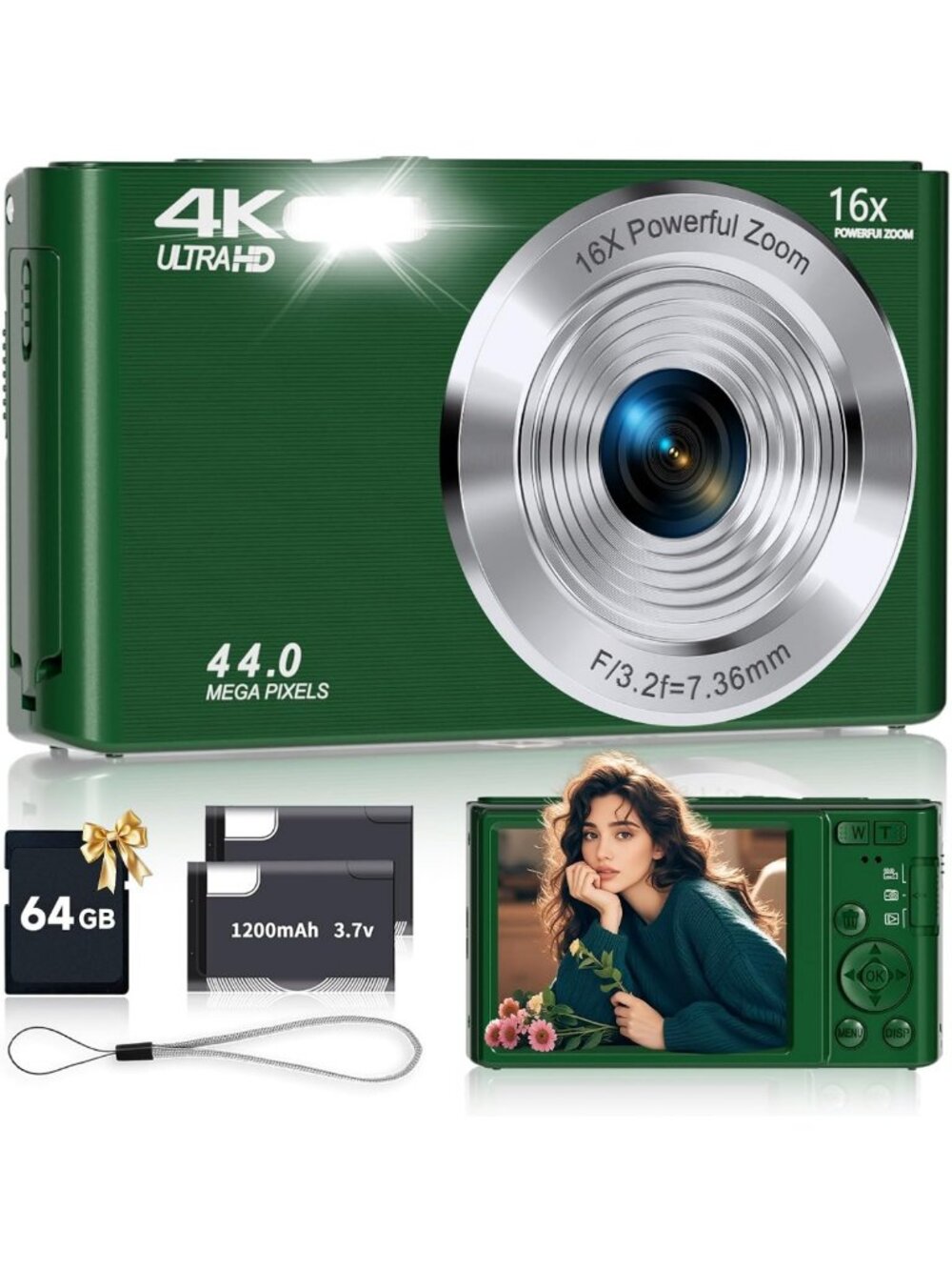 Compact 4K Digital Camera for Kids & Teens, 16X Zoom, 64GB SD Card Included
